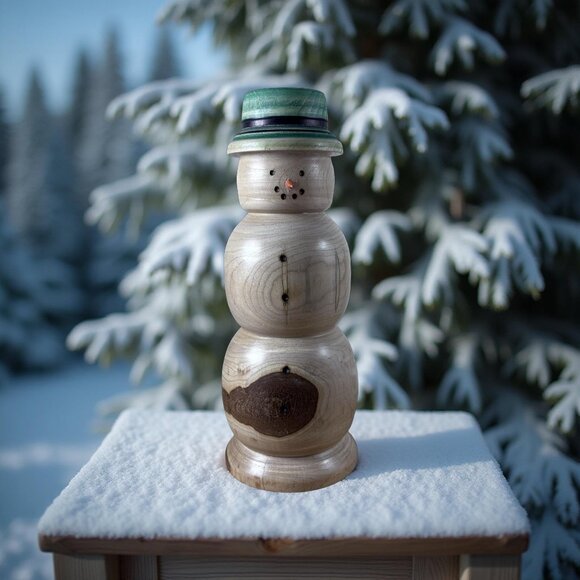 Hand-Turned Ash Wood Snowman, Signed RKU, Lathe Art Holiday Decor Natural Rustic - Picture 5 of 5